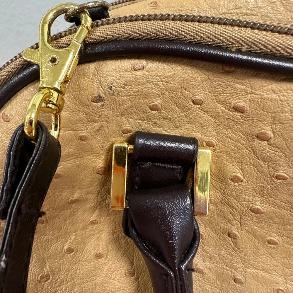 Tan Faux Ostrich Triple Zip Satchel Crossbody Bag Brown Trim Gold Hardware